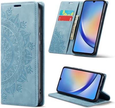 Casemania Hoesje Geschikt voor Samsung Galaxy A34 5G Aqua Blue - Mandala Dunne Portemonnee Book Case - Slim Wallet Case met Pasjeshouder