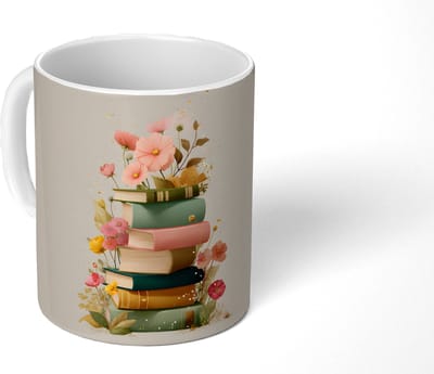 Mok - Koffiemok - Boeken - Stapel - Bloemen - Kleurrijk - Mokken - 350 ML - Beker - Koffiemokken - Theemok