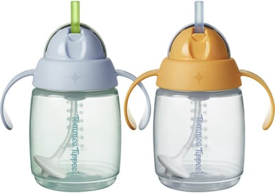 Tommee Tippee rietjesbeker - 2 stuks - 240 ml - met handgrepen en verzwaard siliconen rietje - voor peuters van 6m+ maanden - blauw en oranje