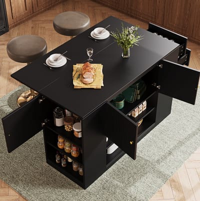 MEUNIQ keukeneiland 140 x 40 x 90 cm met uitklapbaar tafelblad, 2 deuren, lades en legplanken, keukenkast en opbergkast voor keuken en eetkamer, zwart