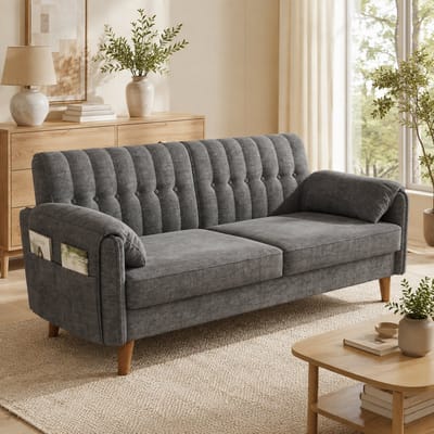 Bank - Tweezitsbank - 2-zits bank - Comfortabele zitbank - Ergonomisch - 161x79x83 cm - Met opbergtas - Met dik zitkussen - Met armleuningen - Chenillestof - Bankpoten van massief hout - Geschikt voor slaapkamers en kleine ruimtes - Lichtgrijs