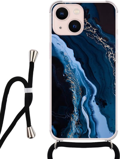 Hoesje met koord - Geschikt voor iPhone 13 - Marmer lagoon blauw - Verstelbaar zwart koord - Transparant, Blauw - Marmer - Leuke Telefoonhoesjes