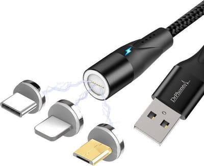 DrPhone Magnetische 3 in 1 Kabel - Compatibel met Lightning / Micro USB / USB C – 360° Draaibaar – Tot 3A – Dataoverdracht – LED – Nylon – USB-A – 1 Meter – Zwart