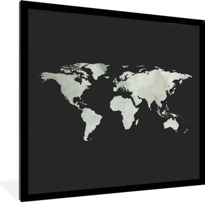 Poster in lijst - Fotolijst 40x40 cm - Posters - Wereldkaart - Waterverf - Grijs - Posterlijst zwart - Decoratie - Wanddecoratie woonkamer - Muurdecoratie slaapkamer