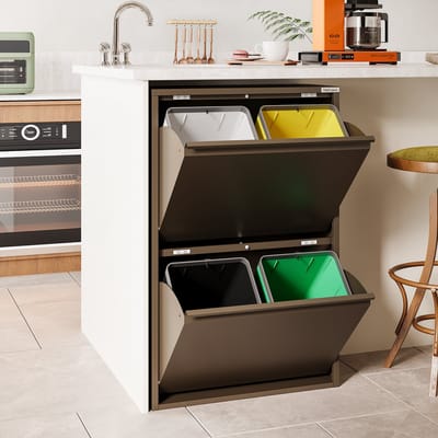 VEEHAUS Prullenbak Afvalscheiding 60 Liter (4x15L), 4 Vakken met Klep, Metaal, Keuken & Kantoor, Beige