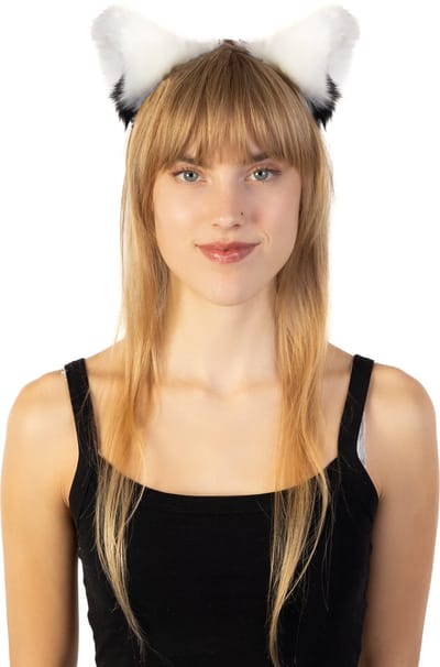 KIMU® Haarband Grote Furry Oortjes Wit Zwart - Beer Vos Diadeem Dons Dieren - Evenement Dierenoren Oor Oren Vilt Lynx Hond Wolf Haren Festival