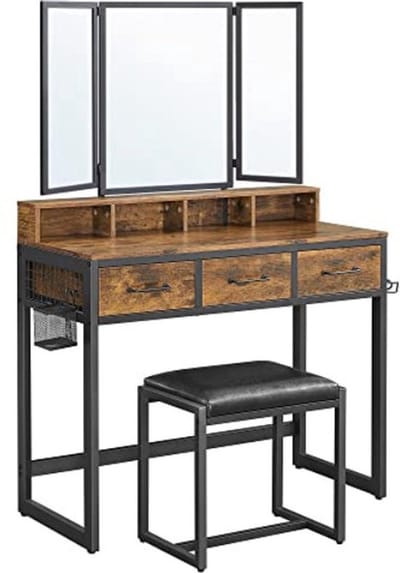 Kaptafel Met Kruk & Opvouwbare Spiegel - Kaptafel - Bruin - Industrieel - Tafel - Spiegel - Spiegels - Opvouwbare Spiegel - Wandspiegel - Spiegel Staand - Kruk - Stoel - Stoeltje - Dressoir - Kast - Kastje - Opberg Kast