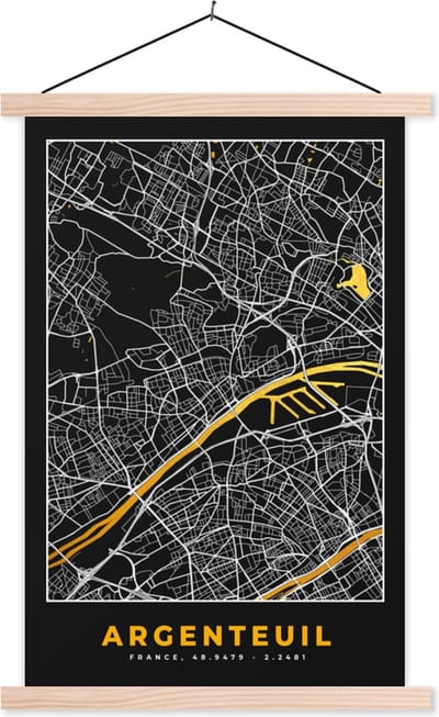 Posterhanger incl. Poster 40x60 cm - Schoolplaat - Argenteuil - Frankrijk – Plattegrond – Stadskaart - Kaart - Textielposter - Blanke latten - Stadskaart