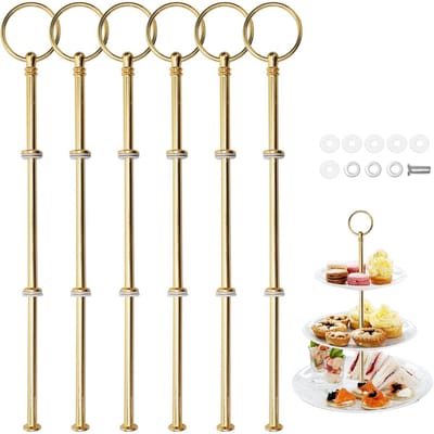 EXCITAT Drielaagse taartstandaardset - Metalen taartstandaard - Taartstandaardstaven - Geschikt voor taarten, cupcakes, macarons, donuts, muffins en fruit - Goud - 6 stuks