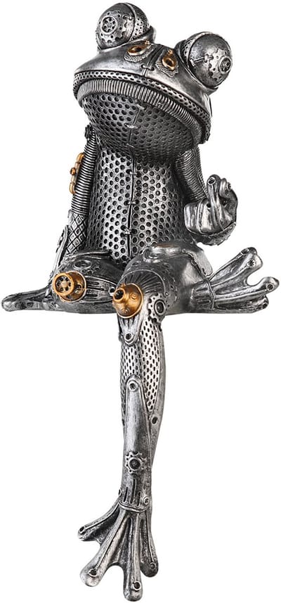 Zittende kikker - Steampunk - Gilde Handwerk - polyresin - metaalkleurig - zilverkleurig - pad - frog - zittend