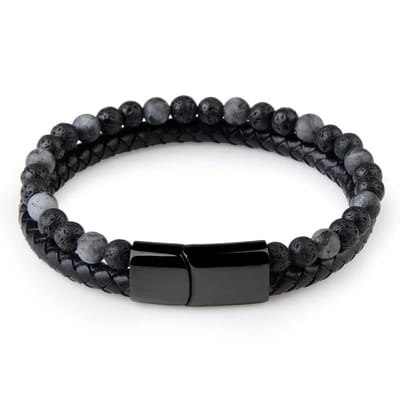 Soraro Kralen Armband | Magneet Sluiting | Heren | leer en kralen | Zwart 21cm | Soraro Armbanden | Cadeau voor hem | verjaardag man