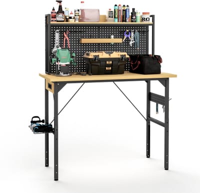 Werkbank 120cm – Verstelbaar – Gatwand – Hout – Roldesign – 700kg Draagkracht – AC/USB Aansluiting – Haken & Opbergvak