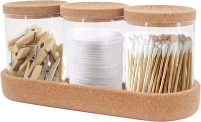 Set van 3 Glazen Qtip Houder met Kurken Deksel en Tray voor Wattenstaafjes, Wattenpads en Tandfloss