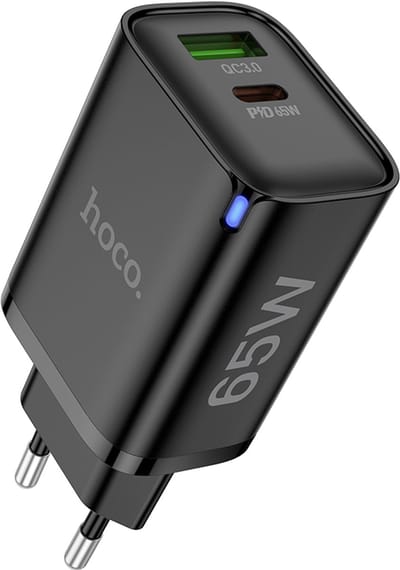Hoco 65W Stekker - Snellader - 2-poorts USB-C & USB-A Oplader (Power Delivery & QC3.0) - DC88 - Geschikt voor Telefoon, Tablet, Laptop en PC - Zwart