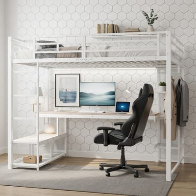 Gutent-Hoogslaper met bureau en kledingkast-140x200 cm-metalen hoogslaper-led-verlichting-wit