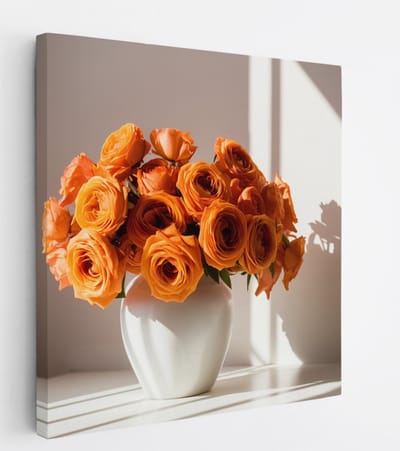 Saammp Canvas Schilderij - Oranje Bloemen in een vaas- Natuur - 20x20 - Foto op canvas - Wanddecoratie - Muurdecoratie Woonkamer - Kantoor Decoratie