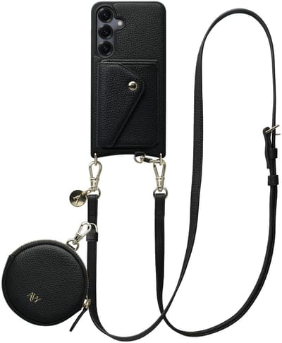 AVY Leren Hoesje geschikt voor Samsung Galaxy S25 / S24 | Met Koord, Wallet en Pouch | Compatibel met MagSafe | Leather Case met 130CM Koord | Long Leather | Zwart