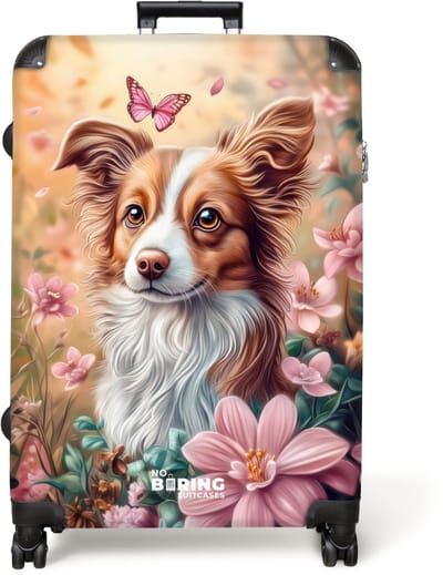 NoBoringSuitcases.com® - Koffer groot - Reiskoffer lichtgewicht - Hond in bloemenveld met vlinders - Rolkoffer met 4 wielen - Grote trolley XL - 98 liter bagage