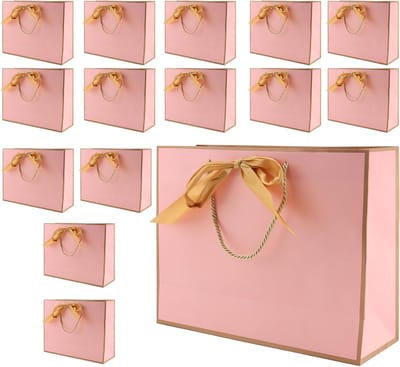 NTHProducts - Papieren Cadeauzakken - Verpakking van 15 Stuks - Goudkleurige Strik - Roze - Feestelijke Zakjes - Geschikt voor Verjaardag, Kerst, Brui
