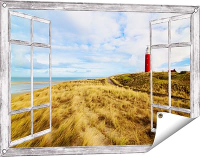 Gards Tuinposter Doorkijk Vuurtoren met Duinen in Texel - 90x60 cm - Tuindoek - Tuindecoratie - Wanddecoratie buiten - Tuinschilderij