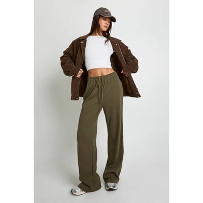 boohoo Dames Broek met hoge ribben en wijde pijpen | Kaki | Maat: 40
