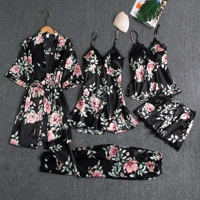 Sexy Badjas Kimono Gewaad Vijfdelige Set Effen Kantrand Pyjama Vrouwelijk Satijn Losse Loungewear Cami&Shorts Lingerie Nachtkleding M gray