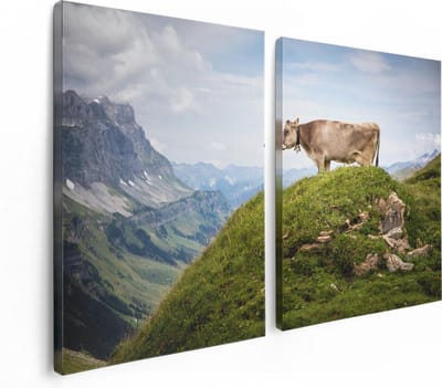 Artaza Canvas Schilderij Tweeluik Koe In De Bergen - 120x80 - Foto Op Canvas - Canvas Print