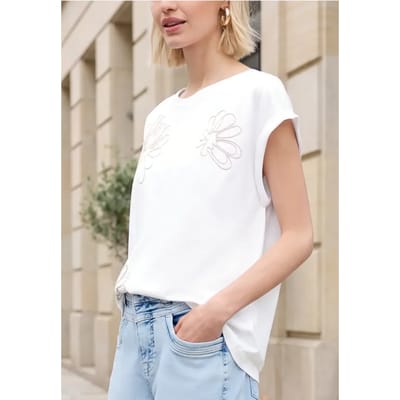 Shirt met ronde hals en bloemenborduursel