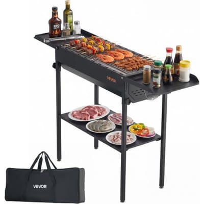 VEVOR Houtskoolgrill met verstelbare hoogte, inklapbare zijtafels en opbergtas, hittebestendige en gepoedercoate opklapbare grill, ideaal voor kamperen, tuinfeesten en andere gelegenheden.
