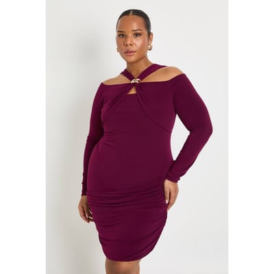 boohoo Dames Plus lange mouw Halter gouden rand minijurk | Pruim | Maat: 44