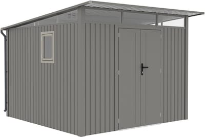 Rockford Porto 400 metalen tuinhuis met lessenaarsdak - Tuinschuur met centraal slot, polycarbonaat ramen en regenpijpen - 296 x 318 cm - Grijs
