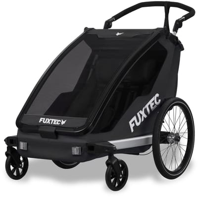 Zwarte fietskar - FUXTEC Sport Cruiser - max. belasting 45kg, 2 x 5-puntsgordels, opvouwbare kinderwagen