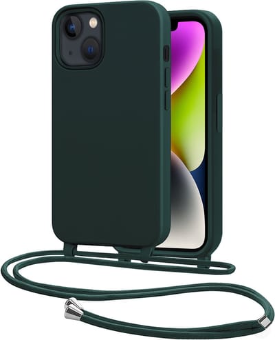 Hoes Geschikt voor iPhone 13 Mini Met Telefoonkoord - Siliconen Hoesje Backcover Met Ketting - Donkergroen