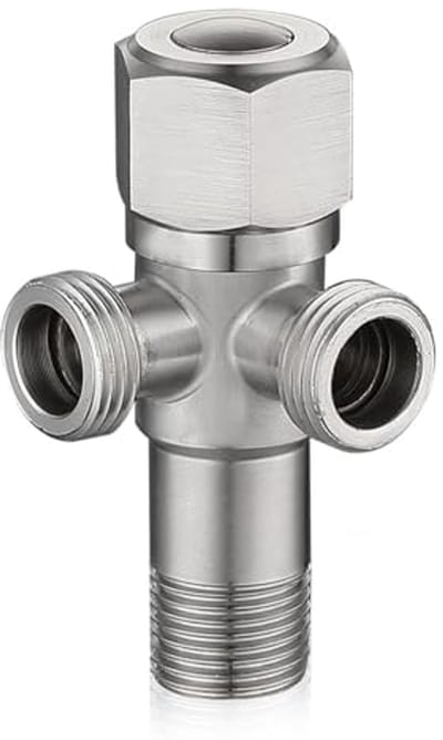 Hoekventiel 1/2 inch, universeel met 2 uitgangen, wateraansluiting, roestvrij staal, dubbel ventiel voor wanddraad 1/2 inch, ideaal voor sanitair en leidingen