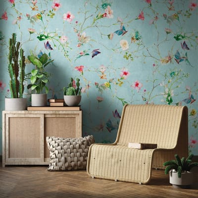 Fotobehang Profhome 382681-GU vliesbehang hardvinyl warmdruk in reliëf glad met bloemen patroon mat turkoois groen roze blauw 1,59 m x 2,8 m