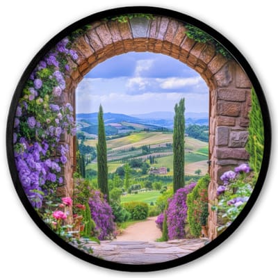 Poster in lijst Rond - Fotolijst 40x40 cm - Posters - Doorkijk - Toscane - Landschap - Poort - Ronde posterlijst zwart - Decoratie - Wanddecoratie woonkamer - Muurdecoratie slaapkamer