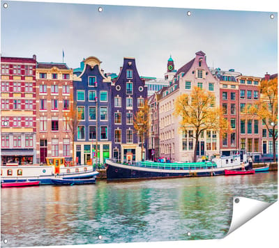 Gards Tuinposter Amsterdamse Huisjes vanaf de Gracht - 120x90 cm - Tuindoek - Tuindecoratie - Wanddecoratie buiten - Tuinschilderij