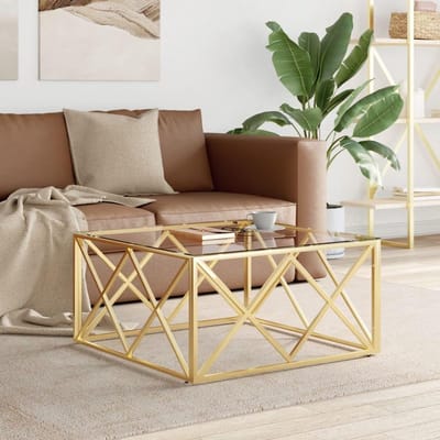 Salontafel Glas - Bijzettafel Tafel - Woonkamer Decoratie - Roestvrij Staal Frame - 80 x 80 x 40 cm - Goud