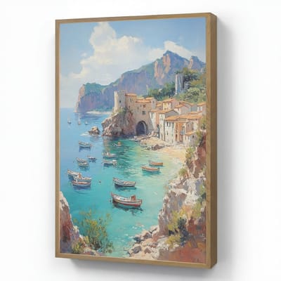 Wandlamp 60x90 cm - Oplaadbaar - Kustdorp - Schilderij - Rotsen - Boten - Wandlampen binnen woonkamer - Slaapkamer lamp - Decoratieve nachtlamp - Vloerlamp draadloos