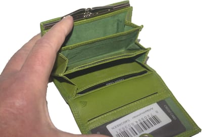Oi appeltjes groene leren knip portemonnee / kleine overslagbeurs met beugelsluiting binnenin / ouderwets knipbeursje met ruimte voor biljetten / compacte portemonnee met kliksluiting aan de binnenkant / Beveiligd tegen skimmen / 546Green