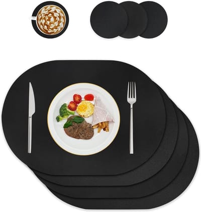 Afwasbare leren placemats en onderzetters - tafeldecoratie voor keuken en eettafel - set van 4 - zwart ovaal - stevig en duurzaam