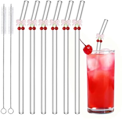 Dailygoods- Glazen Rietjes Herbruikbaar - Milieuvriendelijk - Kersen/Bogen Charme - Feestartikelen - Bruiloft Decoratie - Handgemaakt