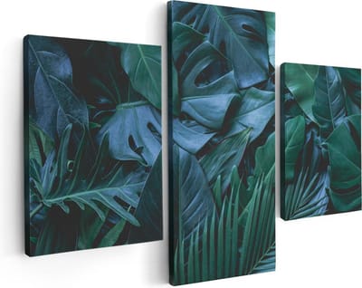Artaza Canvas Schilderij Drieluik Tropische Groene Bladeren - 90x60 cm - Wanddecoratie Woonkamer - Schilderijen - Muurdecoratie
