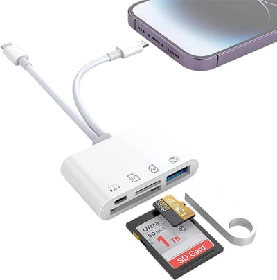 8-Pin + USB-C naar USB-C Female + USB Female + SD + Micro-SD (tf) kaartlezer adapter hub - cardreader - geschikt voor o.a. iPhone en laptop - wit
