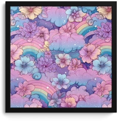 Poster in lijst - Fotolijst 40x40 cm - Posters - Regenbogen - Bloemen - Kleurrijk - Wolken - Posterlijst zwart - Decoratie - Wanddecoratie woonkamer - Muurdecoratie slaapkamer