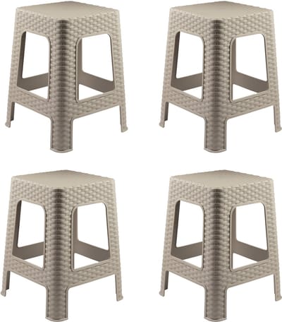 Plasticforte Rotan opstapje/zit krukje - 4x - kunststof - beige - 36 x 36 x 45 cm - Keuken/badkamer - handige krukjes