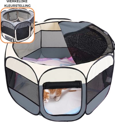 Topmast Nylon Puppyren - Grijs - Opvouwbaar - 60 cm Hoog - Lichtgewicht - Achthoekig - Hondentent - Puppytent - Opvouwbare Ren