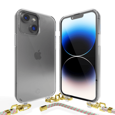 Coverzs telefoonhoesje geschikt voor Apple iPhone 14 transparante case met koord - Telefoonhoesje met koord - Backcover hoesje met koord - touwtje - aqua/roze
