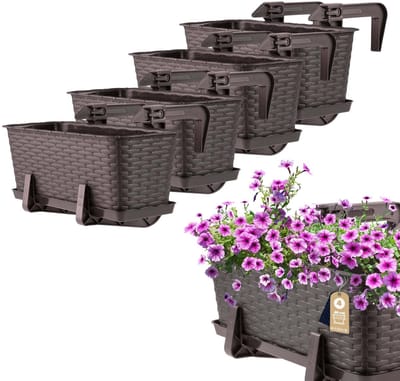 KADAX Bloembakset, balkonbak van kunststof, plantenbak voor bloemen en kruiden, duurzame balkonpot, plantenbak voor balkon, 40 cm, set van 4, bruin