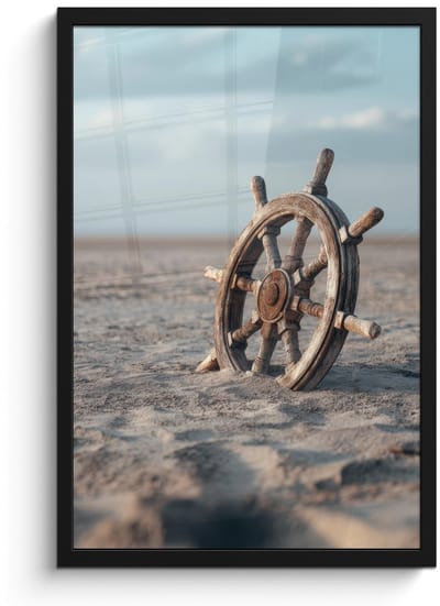 Poster in lijst - Fotolijst 40x60 cm - Posters - Scheepsstuur - Hout - Bruin - Zand - Posterlijst zwart - Decoratie - Wanddecoratie woonkamer - Muurdecoratie slaapkamer
